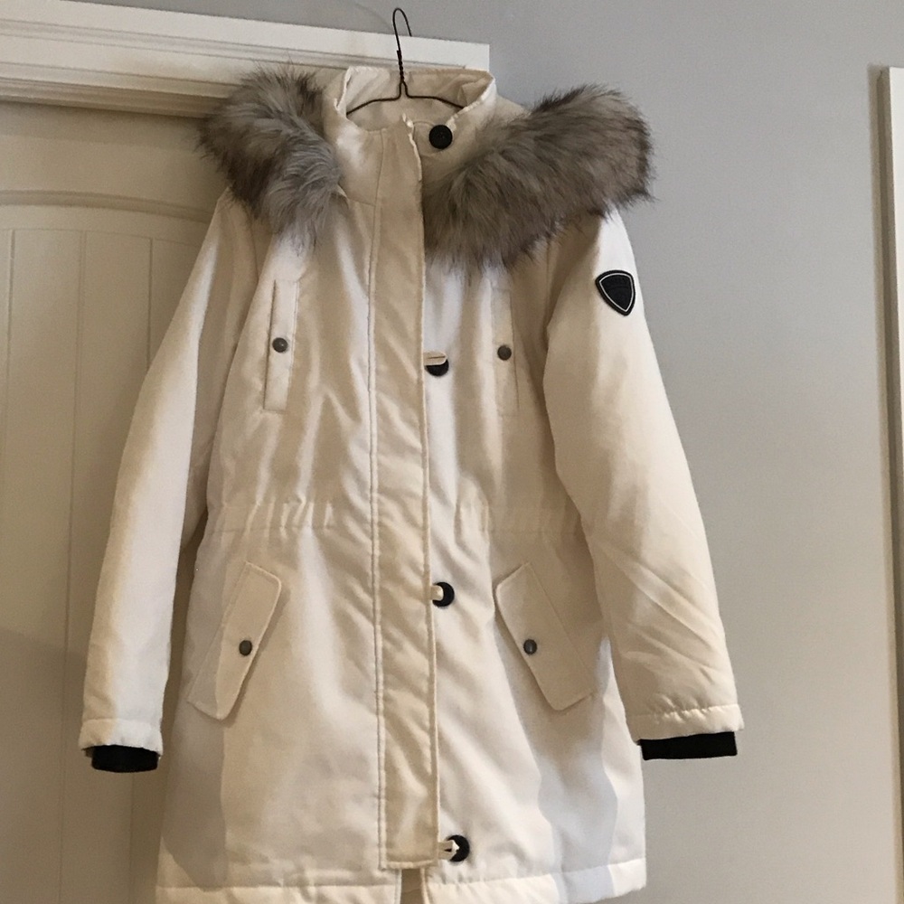 Only Women's Cream Hooded Jacket with Faux Fur Trim